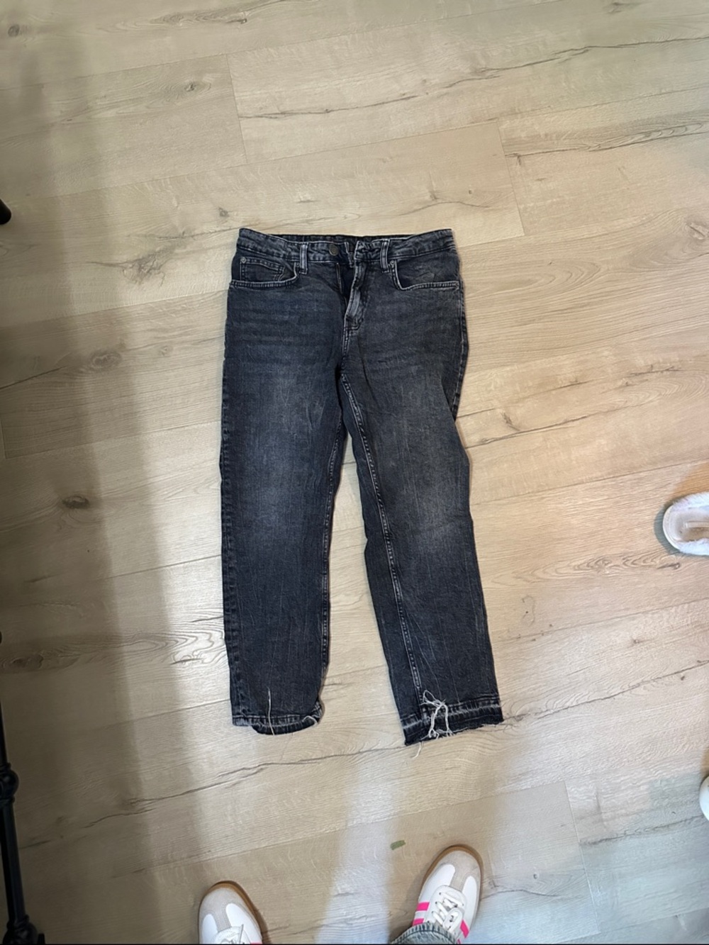 Zara Black Washed Slim Straight Jeans with Raw Hem
